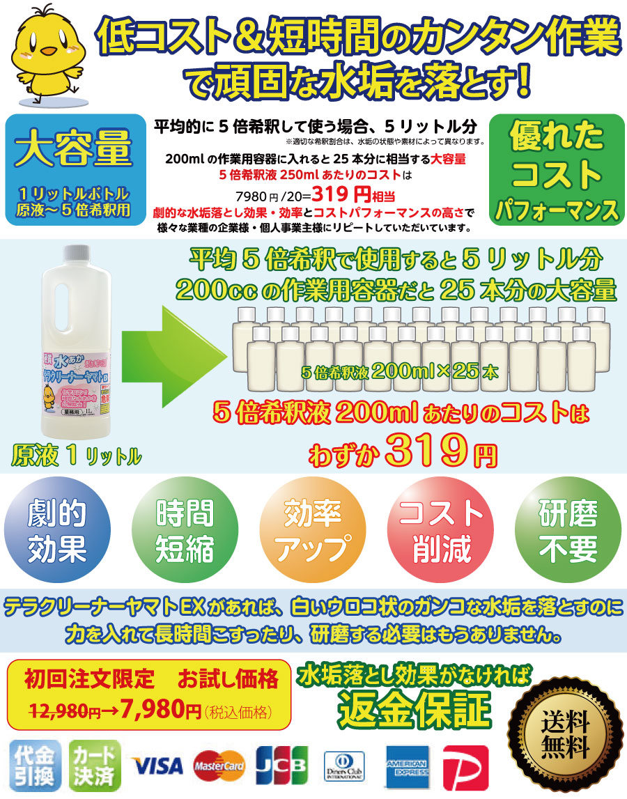 低コスト　業務用水垢落とし洗剤　テラクリーナーヤマト