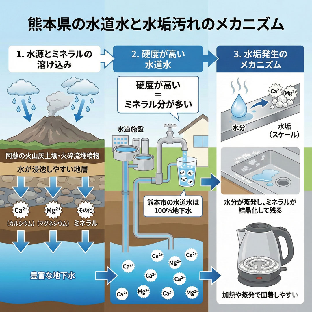 熊本県の水道水と水垢汚れのメカニズム